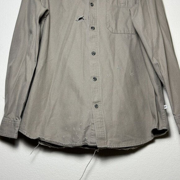 Magellan Button Up Khaki Shirt Collared Distress Design Ripped Men L Streetwear - Picture 15 of 16